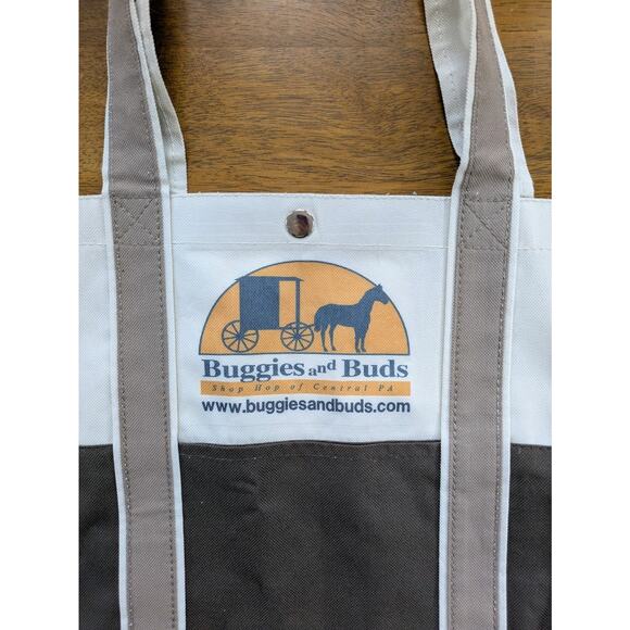 Buggies & Buds Canvas Tote Bag Shop Hop Central PA Pockets Tan Brown Craft - Picture 4 of 5